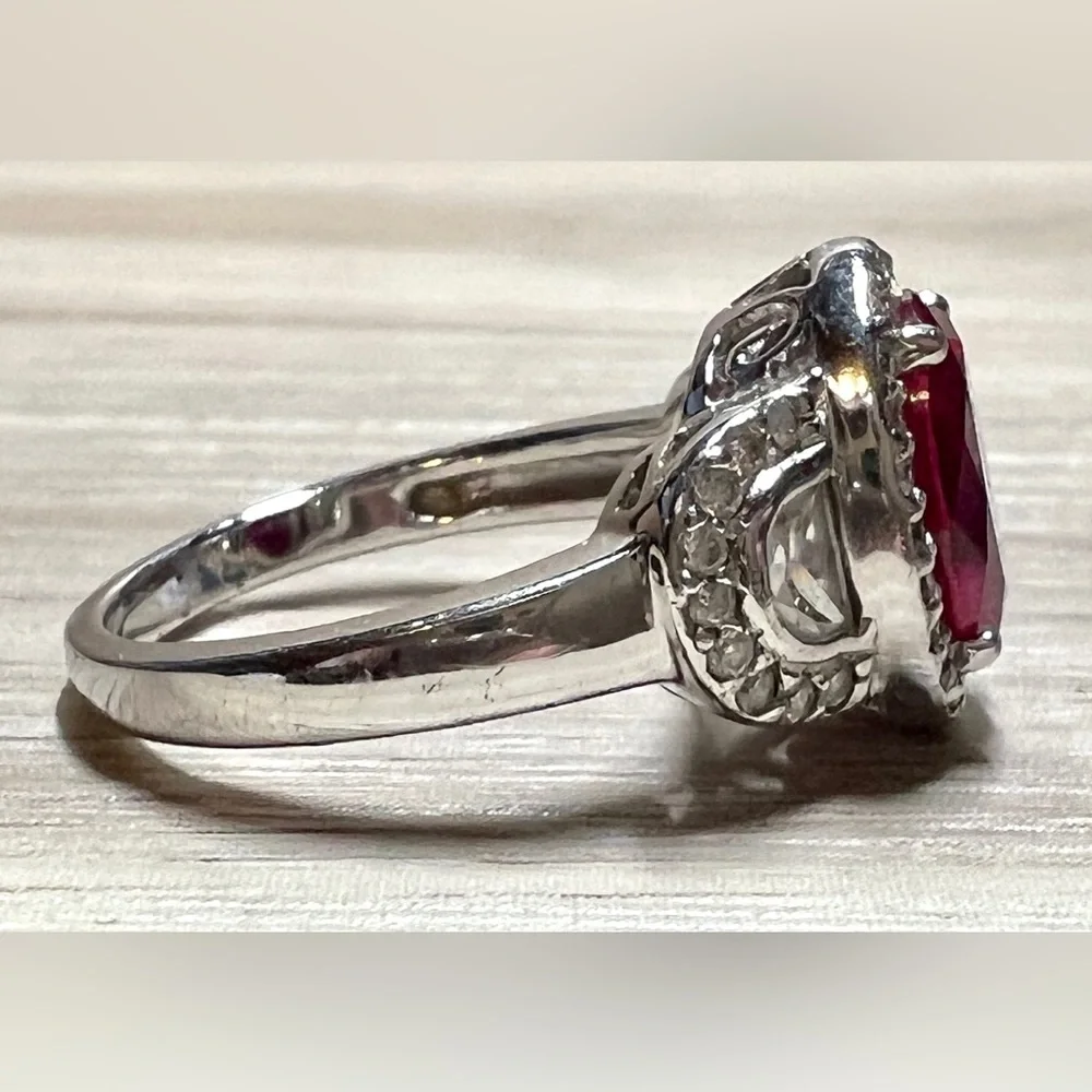 Designer Signed FE Sterling Silver Red & Clear Cubic Zirconia Halo Ring, Size 7 - Picture 6 of 11